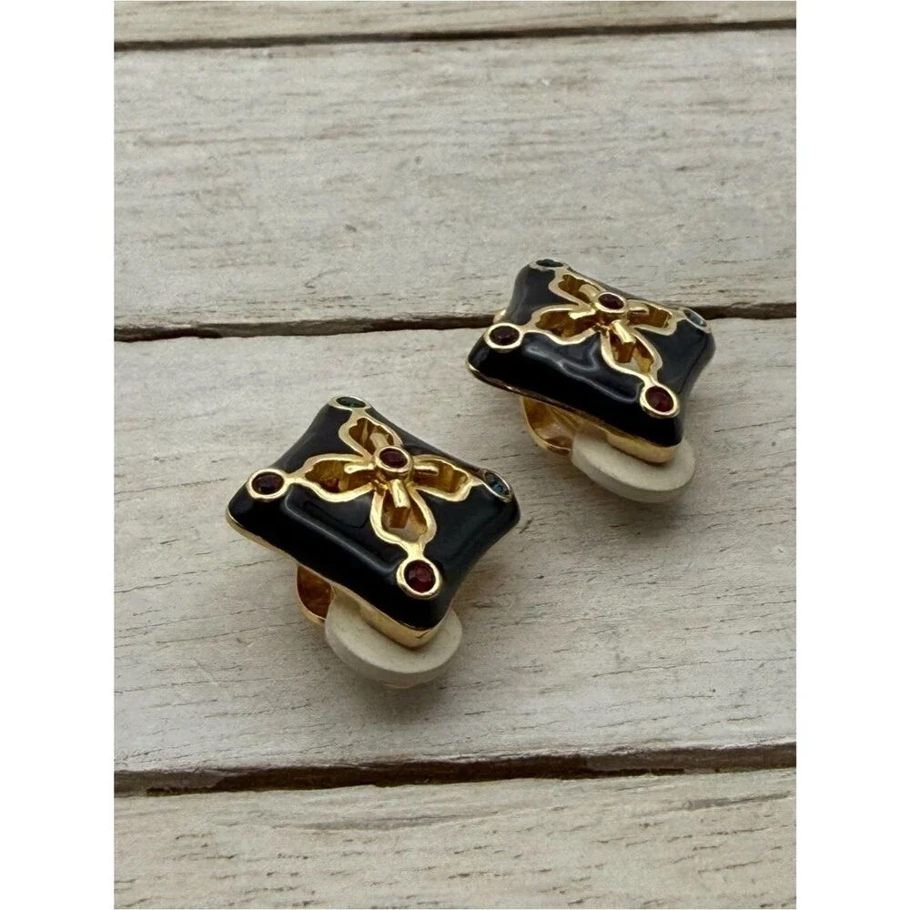 Vintage Gold & Black Floral Square Clip-On Earrings with Multicolor Accents